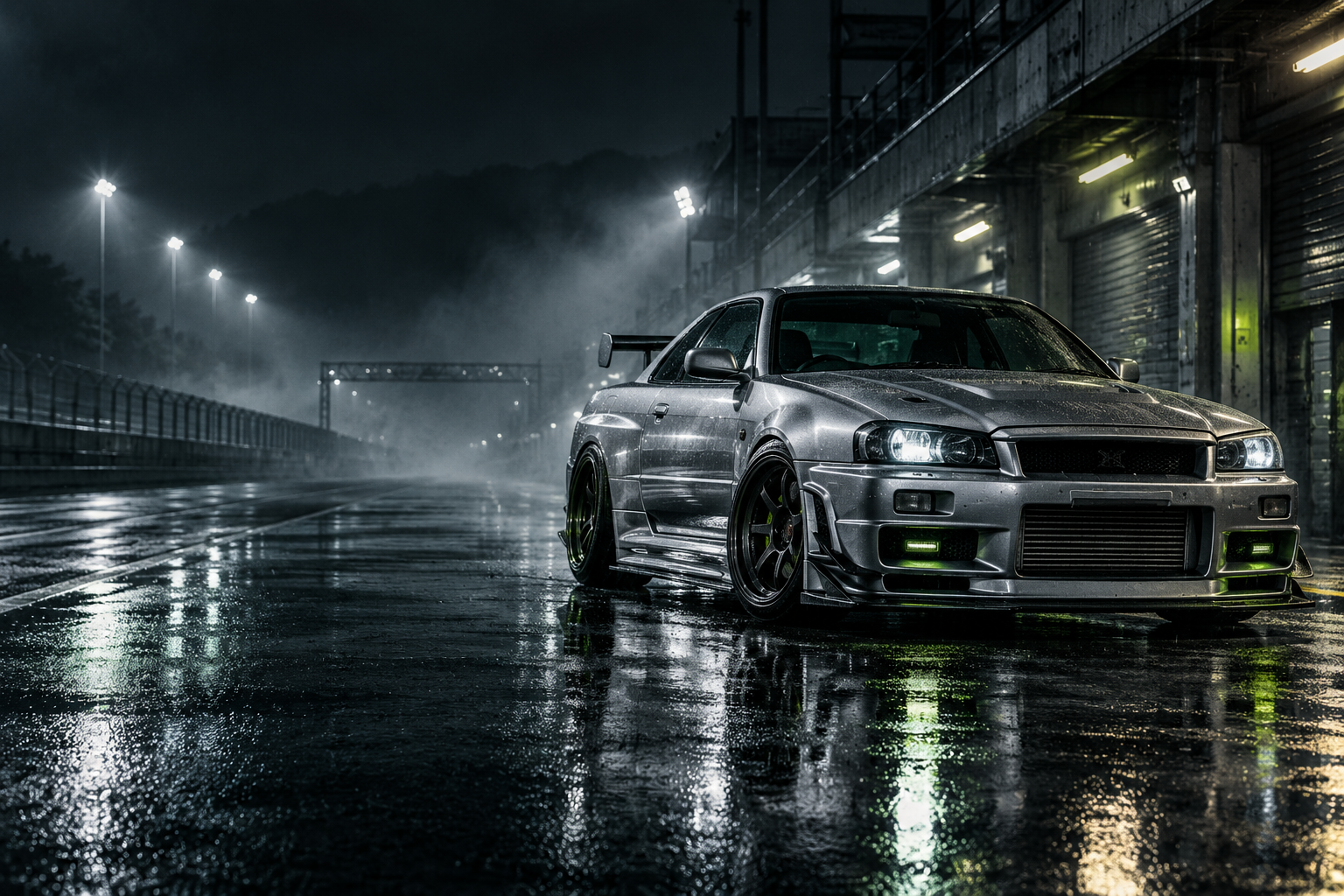 Silver tuner coupe in a wet floodlit midnight pit lane